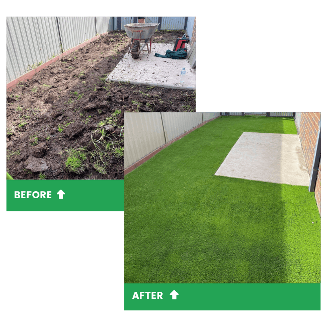 A before and after photo of a turfing job done at a home in Clyde.